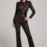 Sheer Embellished Long-Sleeve Jumpsuit with Sequin Floral Pattern and Belted Waist