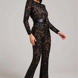 Sheer Embellished Long-Sleeve Jumpsuit with Sequin Floral Pattern and Belted Waist