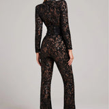 Sheer Embellished Long-Sleeve Jumpsuit with Sequin Floral Pattern and Belted Waist