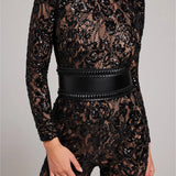 Sheer Embellished Long-Sleeve Jumpsuit with Sequin Floral Pattern and Belted Waist