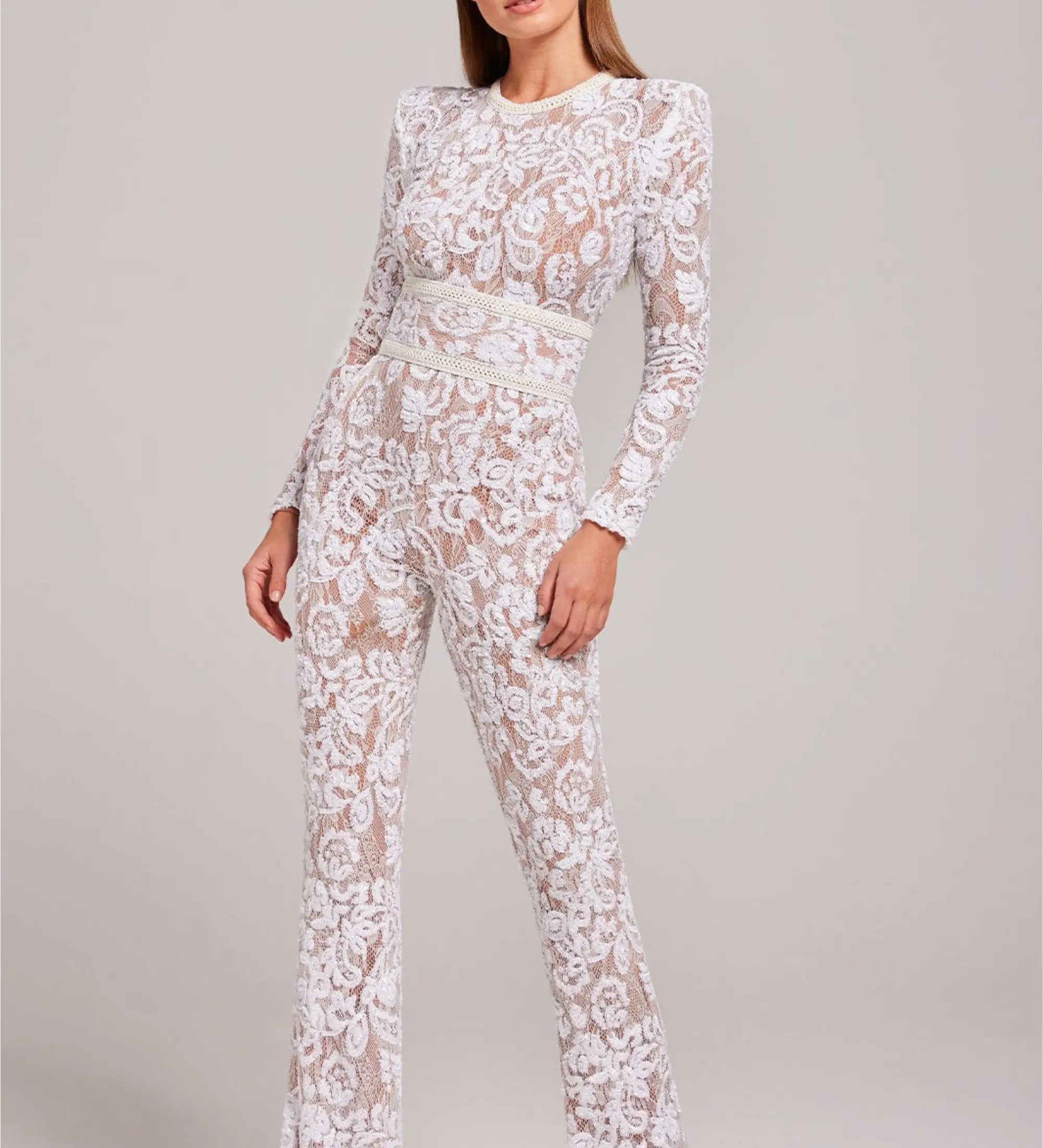 Sheer Embellished Long-Sleeve Jumpsuit with Sequin Floral Pattern and Belted Waist
