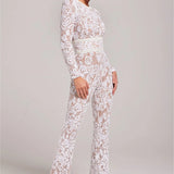 Sheer Embellished Long-Sleeve Jumpsuit with Sequin Floral Pattern and Belted Waist