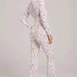 Sheer Embellished Long-Sleeve Jumpsuit with Sequin Floral Pattern and Belted Waist
