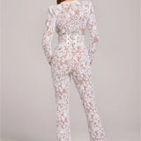 Sheer Embellished Long-Sleeve Jumpsuit with Sequin Floral Pattern and Belted Waist