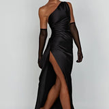 One-Shoulder Satin Maxi Dress with High Slit