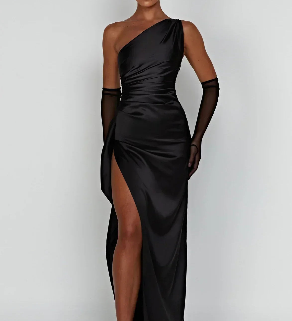 One-Shoulder Satin Maxi Dress with High Slit