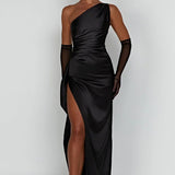One-Shoulder Satin Maxi Dress with High Slit