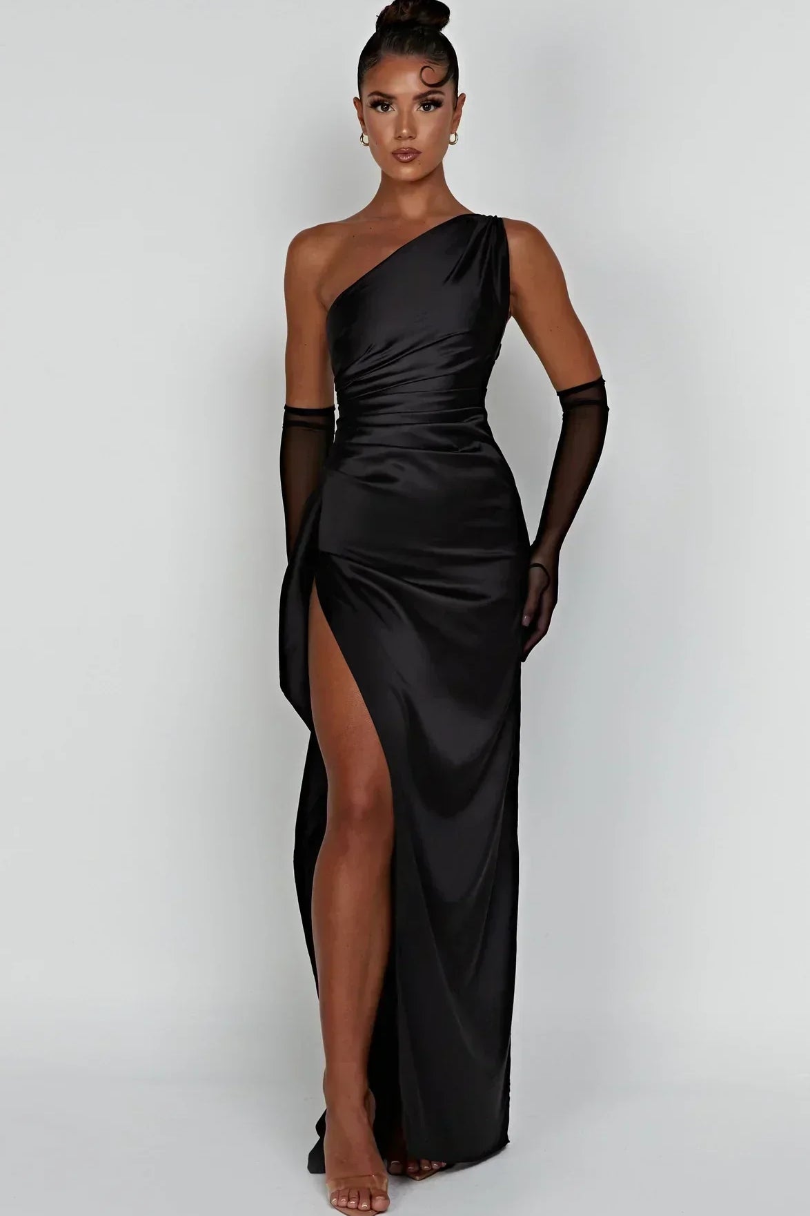 One-Shoulder Satin Maxi Dress with High Slit