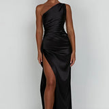 One-Shoulder Satin Maxi Dress with High Slit