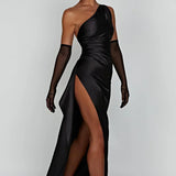 One-Shoulder Satin Maxi Dress with High Slit