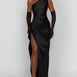 One-Shoulder Satin Maxi Dress with High Slit