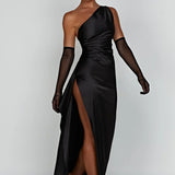 One-Shoulder Satin Maxi Dress with High Slit