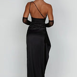 One-Shoulder Satin Maxi Dress with High Slit