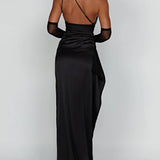 One-Shoulder Satin Maxi Dress with High Slit