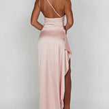 One-Shoulder Satin Maxi Dress with High Slit