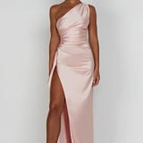 One-Shoulder Satin Maxi Dress with High Slit