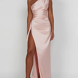 One-Shoulder Satin Maxi Dress with High Slit
