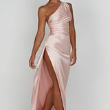 One-Shoulder Satin Maxi Dress with High Slit