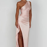 One-Shoulder Satin Maxi Dress with High Slit