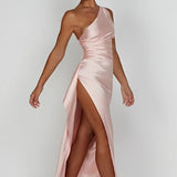 One-Shoulder Satin Maxi Dress with High Slit