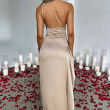 One-Shoulder Satin Maxi Dress with High Slit