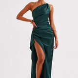 One-Shoulder Satin Maxi Dress with High Slit