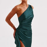 One-Shoulder Satin Maxi Dress with High Slit