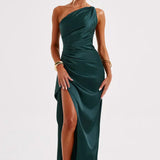 One-Shoulder Satin Maxi Dress with High Slit