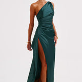 One-Shoulder Satin Maxi Dress with High Slit