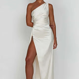 One-Shoulder Satin Maxi Dress with High Slit