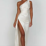 One-Shoulder Satin Maxi Dress with High Slit