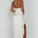 One-Shoulder Satin Maxi Dress with High Slit