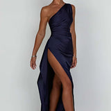 One-Shoulder Satin Maxi Dress with High Slit