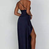 One-Shoulder Satin Maxi Dress with High Slit