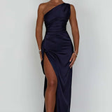 One-Shoulder Satin Maxi Dress with High Slit
