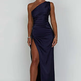 One-Shoulder Satin Maxi Dress with High Slit