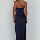 One-Shoulder Satin Maxi Dress with High Slit