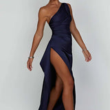 One-Shoulder Satin Maxi Dress with High Slit