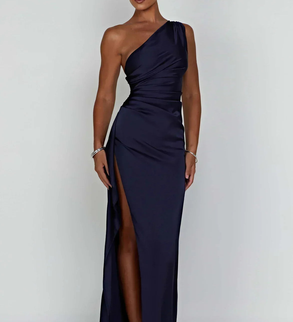One-Shoulder Satin Maxi Dress with High Slit