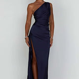 One-Shoulder Satin Maxi Dress with High Slit