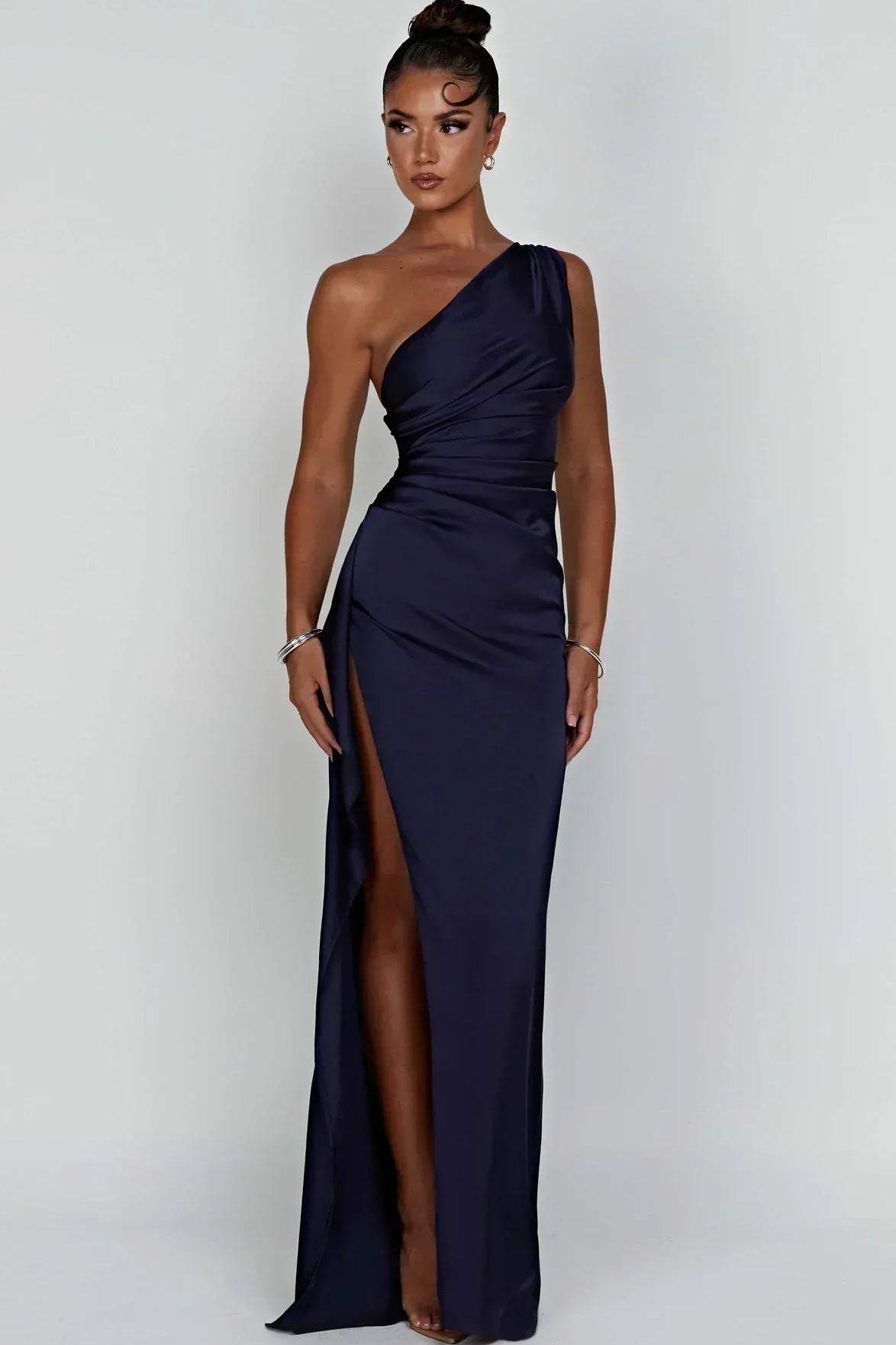 One-Shoulder Satin Maxi Dress with High Slit