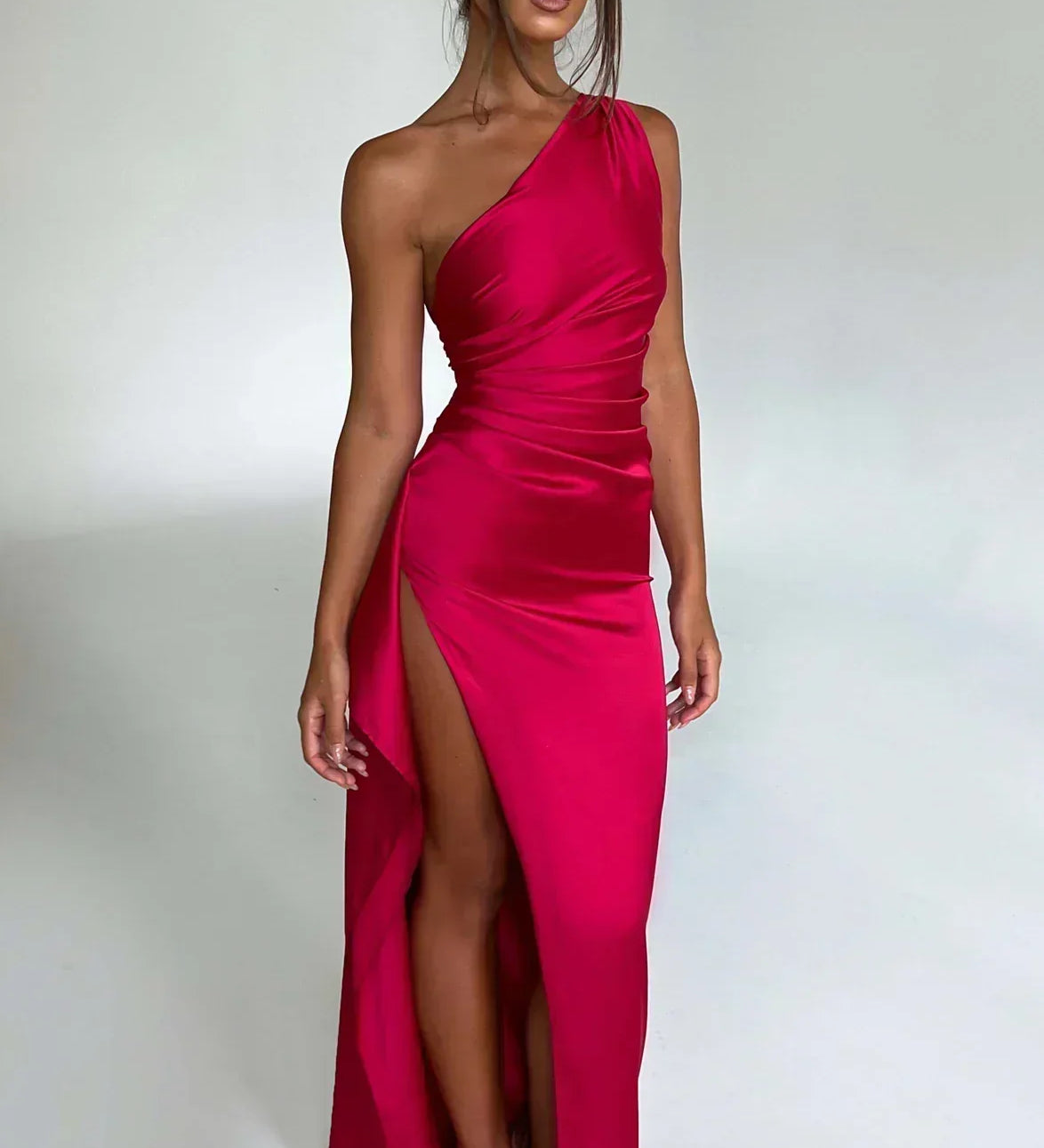 One-Shoulder Satin Maxi Dress with High Slit