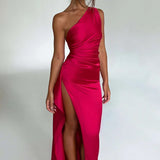 One-Shoulder Satin Maxi Dress with High Slit