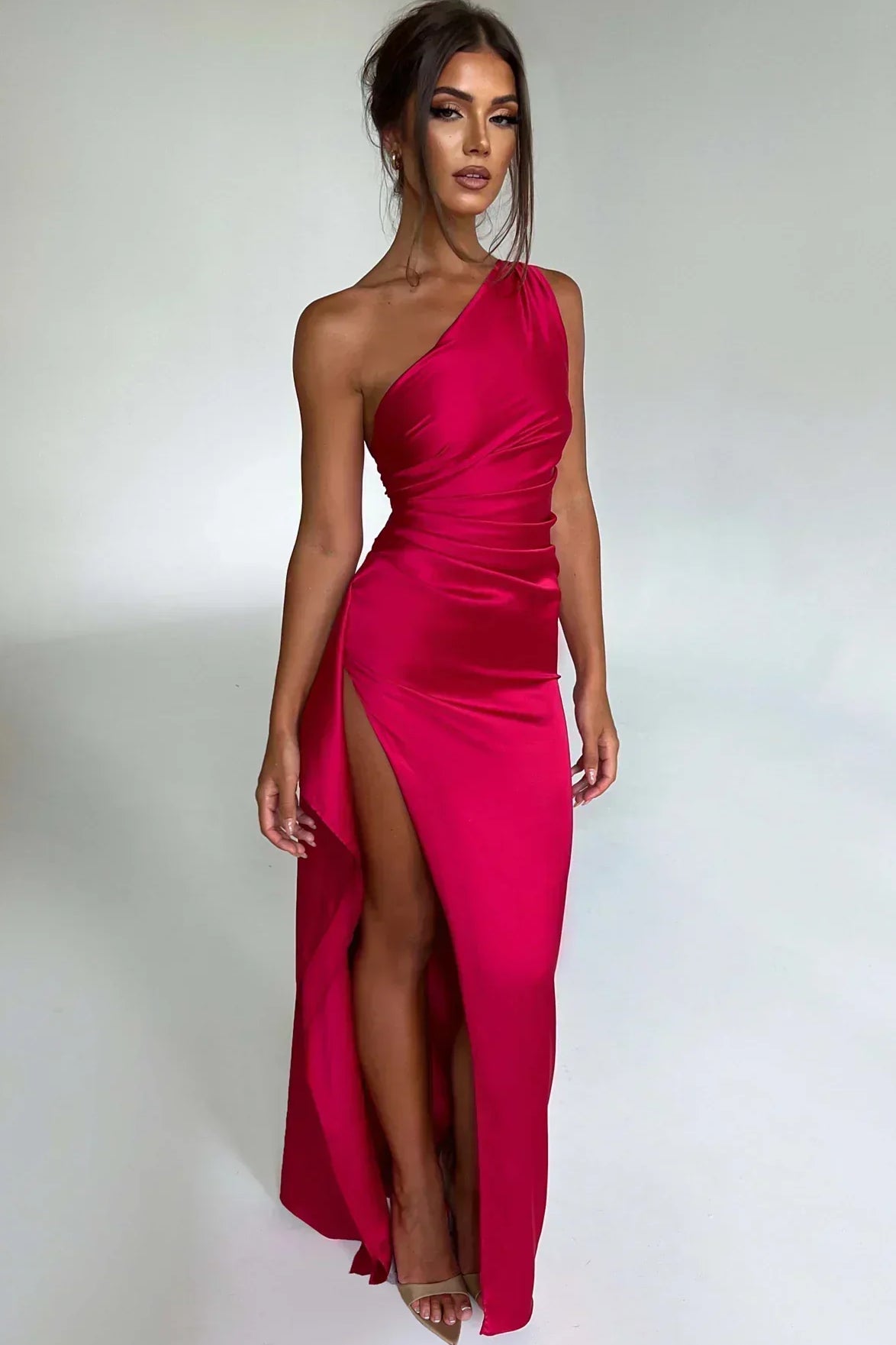 One-Shoulder Satin Maxi Dress with High Slit
