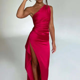One-Shoulder Satin Maxi Dress with High Slit