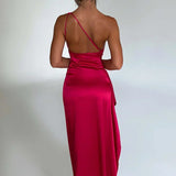 One-Shoulder Satin Maxi Dress with High Slit