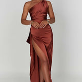 One-Shoulder Satin Maxi Dress with High Slit
