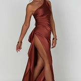 One-Shoulder Satin Maxi Dress with High Slit