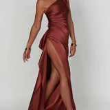 One-Shoulder Satin Maxi Dress with High Slit