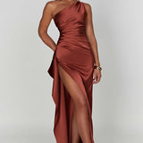 One-Shoulder Satin Maxi Dress with High Slit